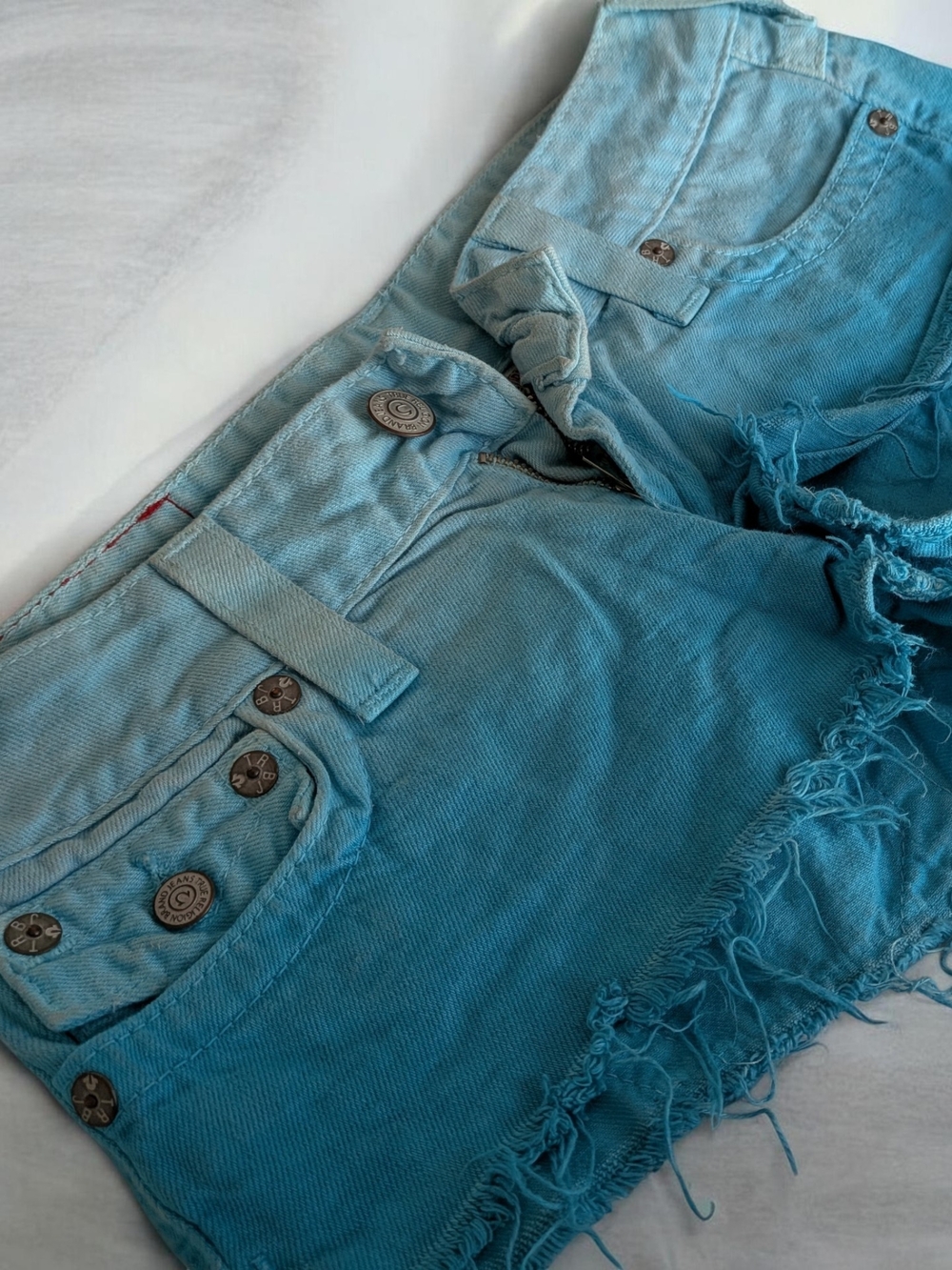 True Religion Turquoise Distressed Frayed Hem Denim Shorts